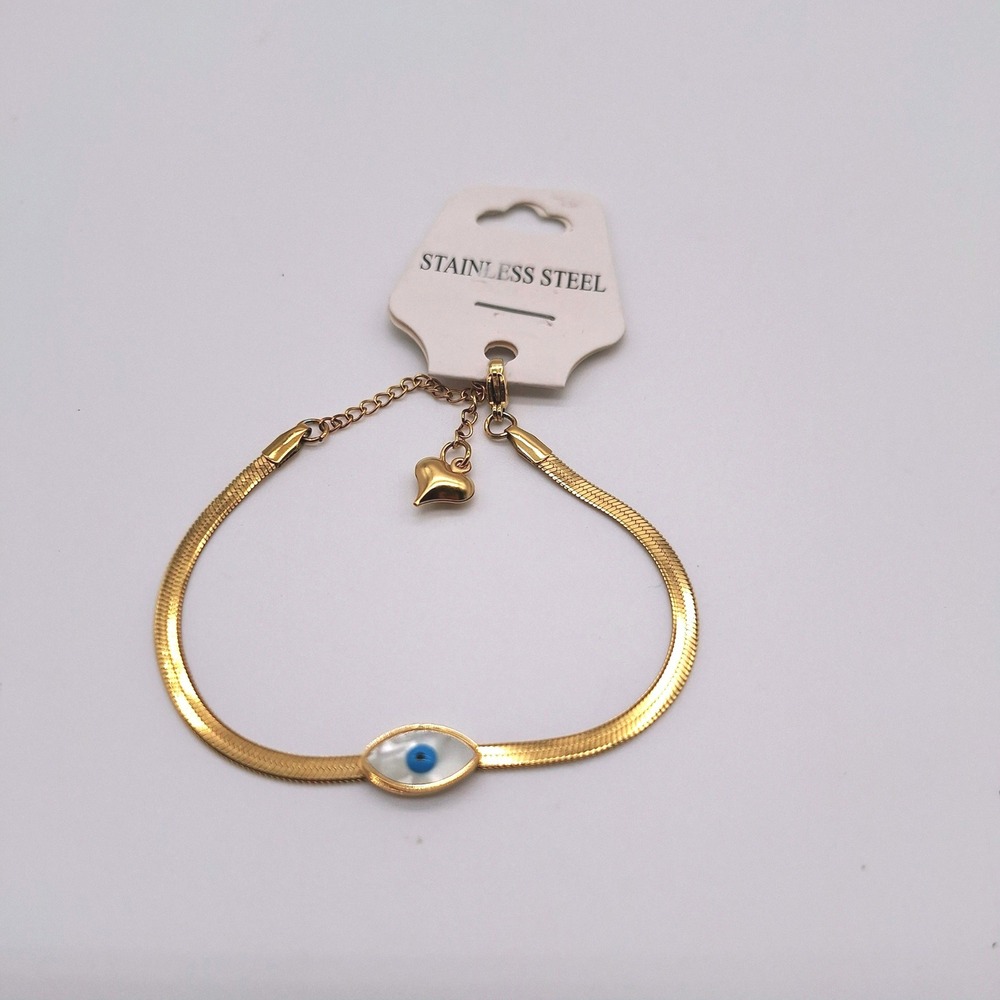 Evil Eye Herringbone Bracelet Gold Tone Stainless Steel Mother of Pearl Heart 7"